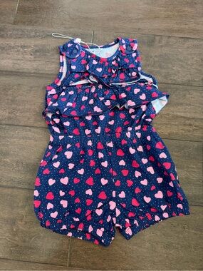 Navy Heart-Print Ruffle Romper for Girls